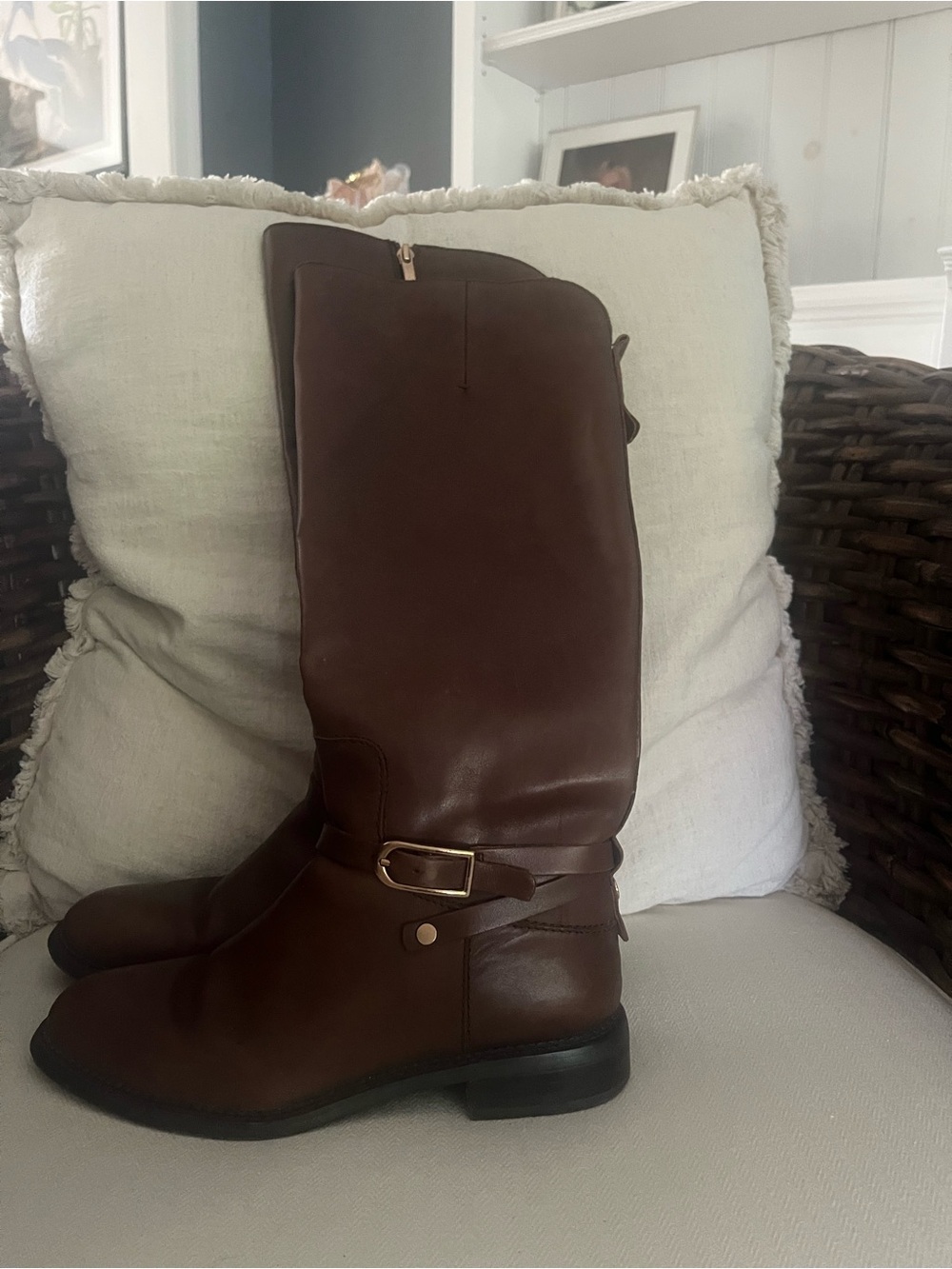 Women's Brown Leather Tall Riding Boots with Buckle Detail